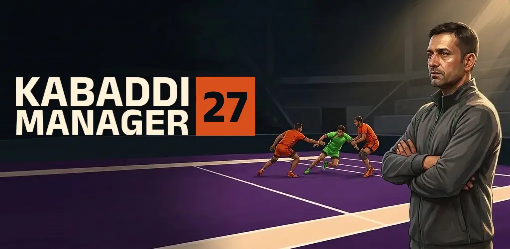 Kabaddi Manager 27 wordmark beside a coach watching a raid