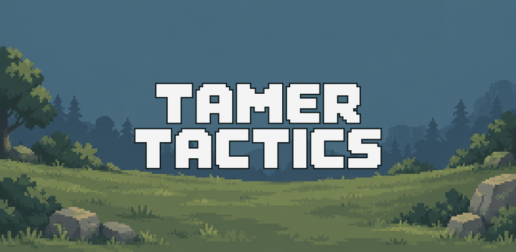 Tamer Tactics wordmark over a pixel-art woodland